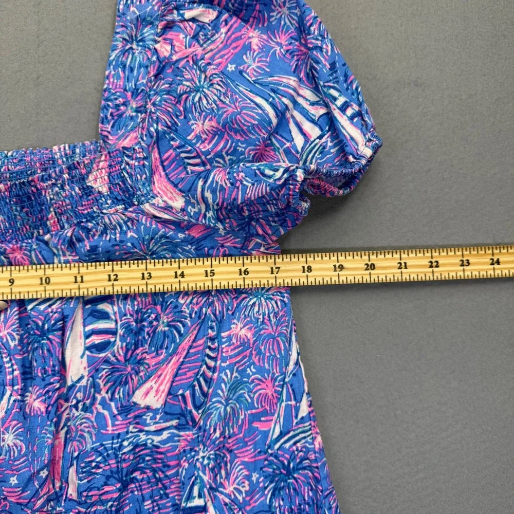 Lilly Pulitzer Yvette Linen Top 8 Blue Pink Sailboat‎ Puff Sleeve Smocked 013352